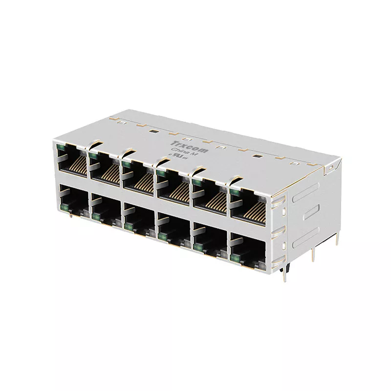 TRJG67041A26NL 100/1000 Base-T RJ45 PoE+ Magnetics Jacks 2x6 Port Green/White LED